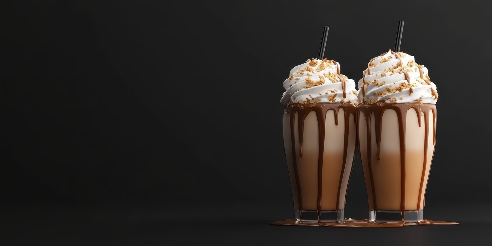 Creamy chocolate milkshakes topped with whipped cream and drizzled in chocolate sauce on a dark background